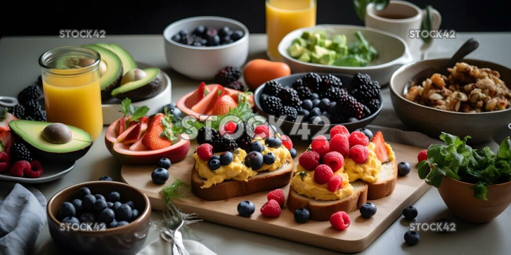 A table set for a healthy brunch with avocado toast fresh two