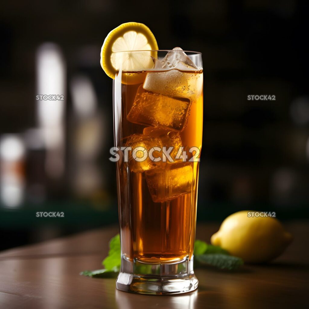 A tall glass of iced tea with a slice of lemon and mint l