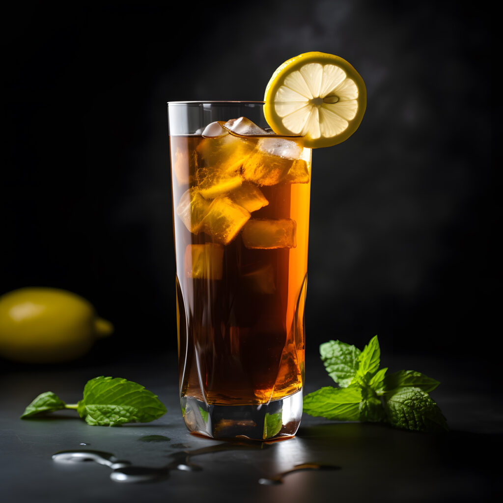 Un vaso alto de té helado con una rodaja de limón y menta l one