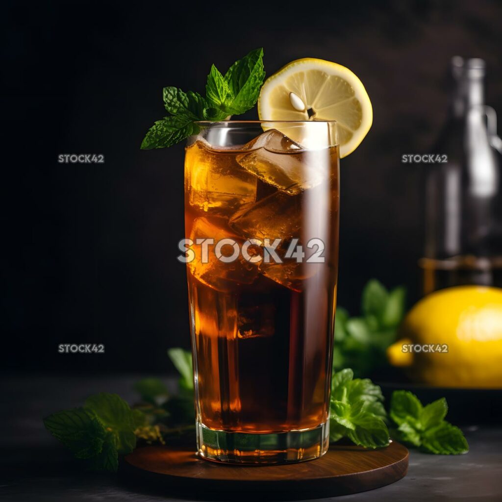 A tall glass of iced tea with a slice of lemon and mint l two