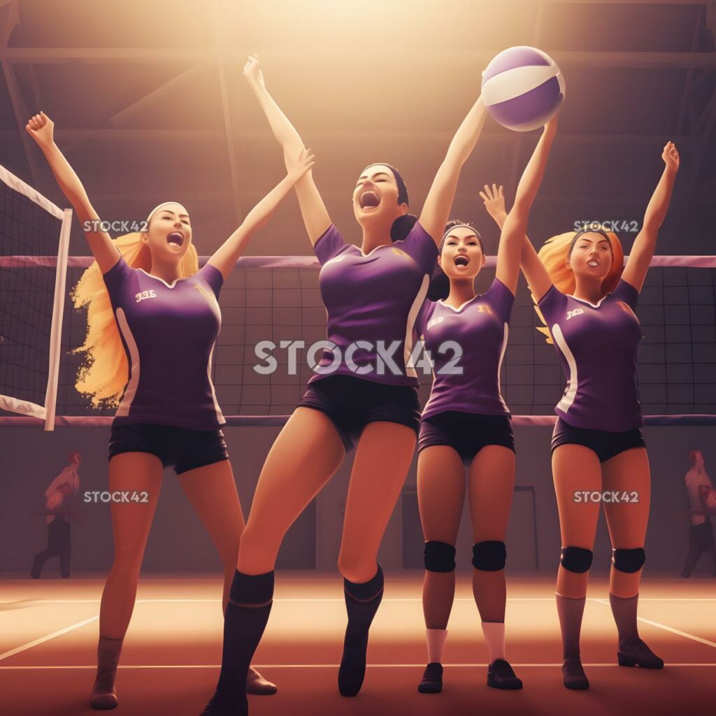 A team celebrating after winning a point during a volleyb