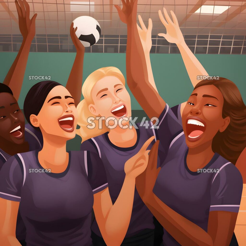 A team celebrating after winning a point during an indoor one