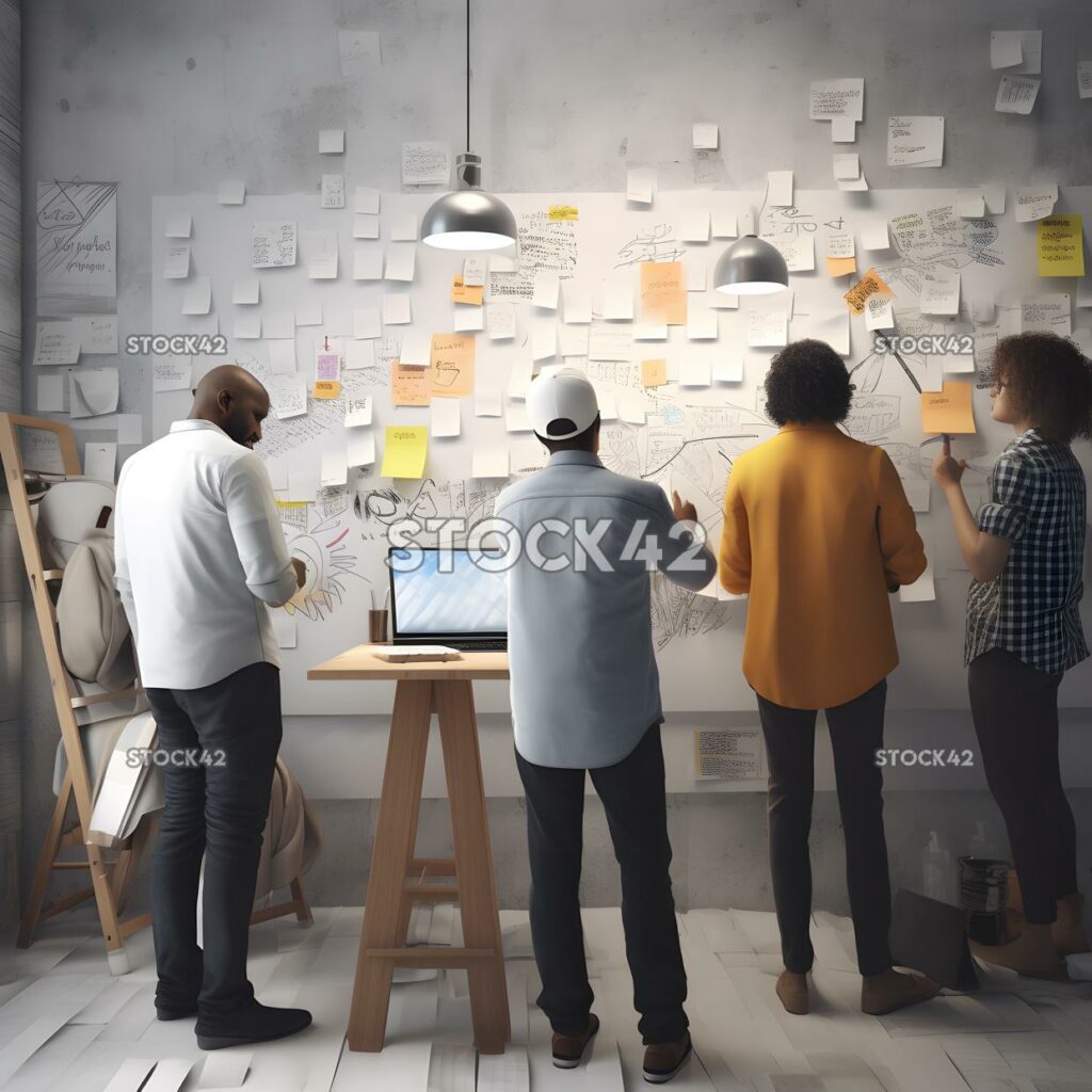 A team of employees discussing marketing ideas during a b