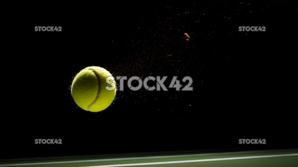 A tennis ball bouncing on the court caught in mid-air by_