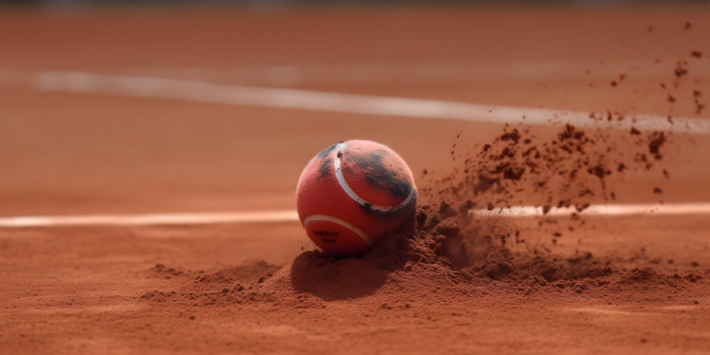 Una pelota de tenis rebotando en la cancha dejando atrás un spra