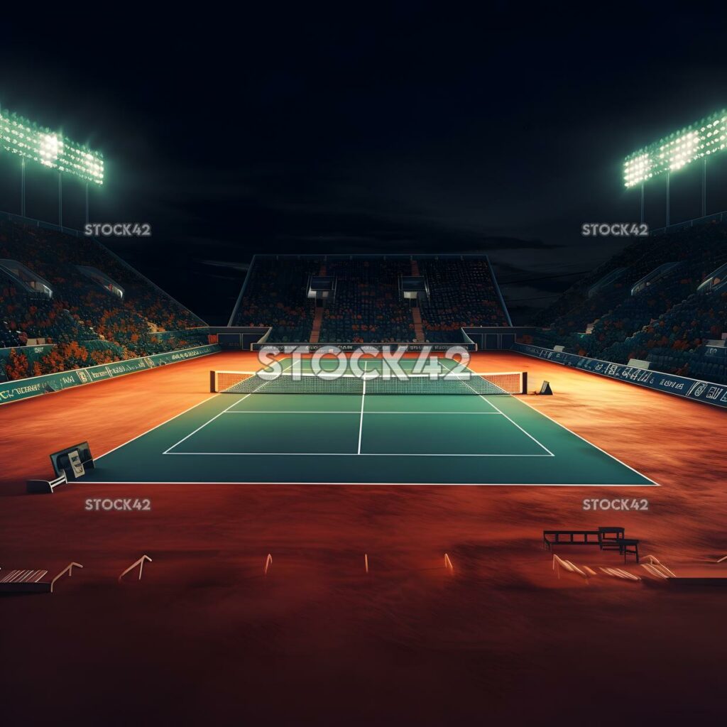 A tennis court lit up at night ready for a thrilling even