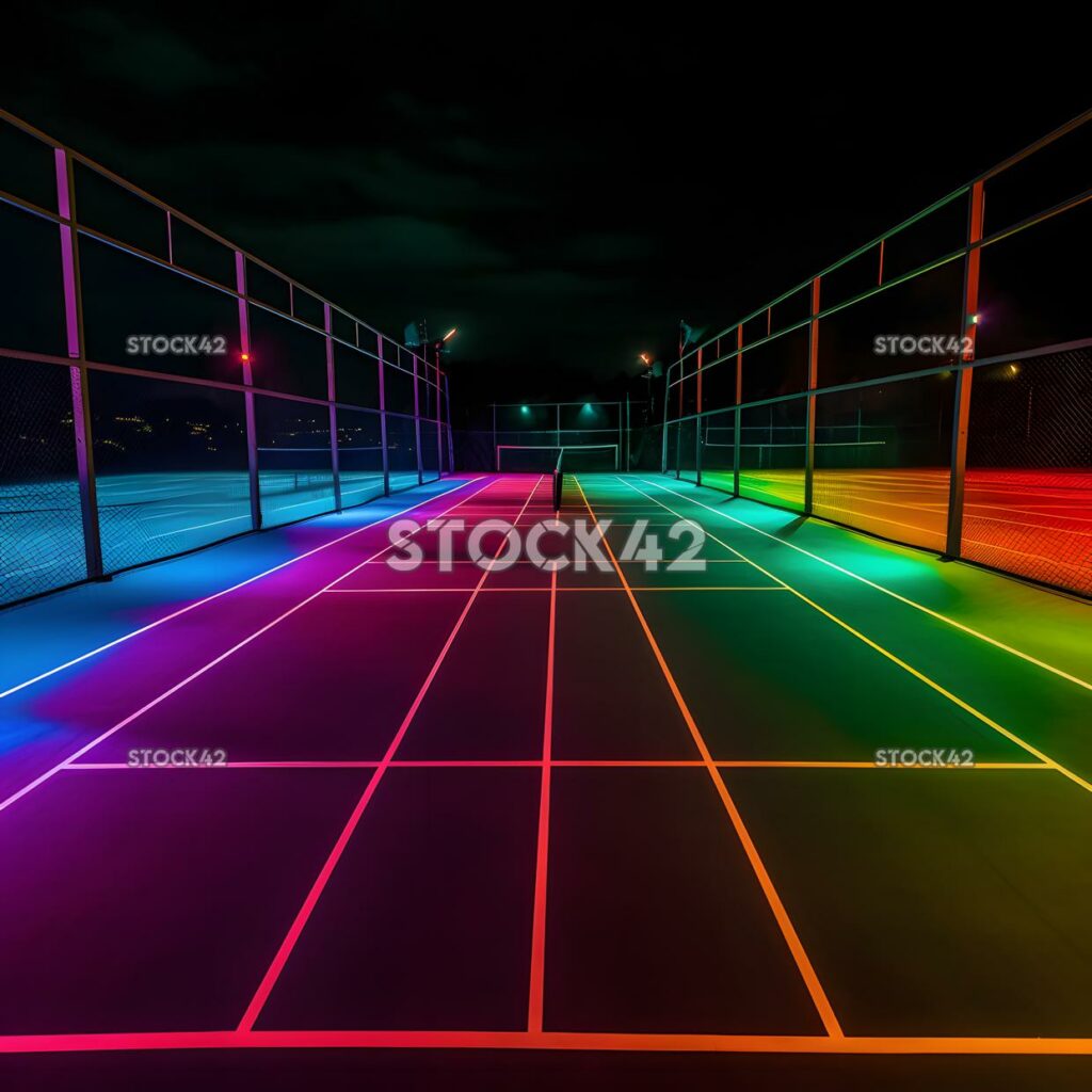 A tennis court lit up at night ready for a thrilling even one