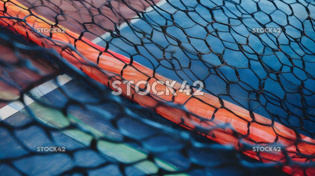 A tennis net stretching across the court separating the p one