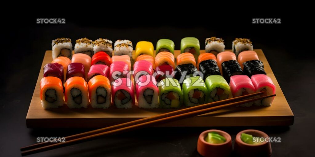 Ein Tablett mit bunten Sushi-Rollen mit Stäbchen und Wasabi