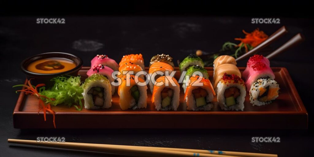 Ein Tablett mit bunten Sushi-Rollen mit Stäbchen und Wasabi