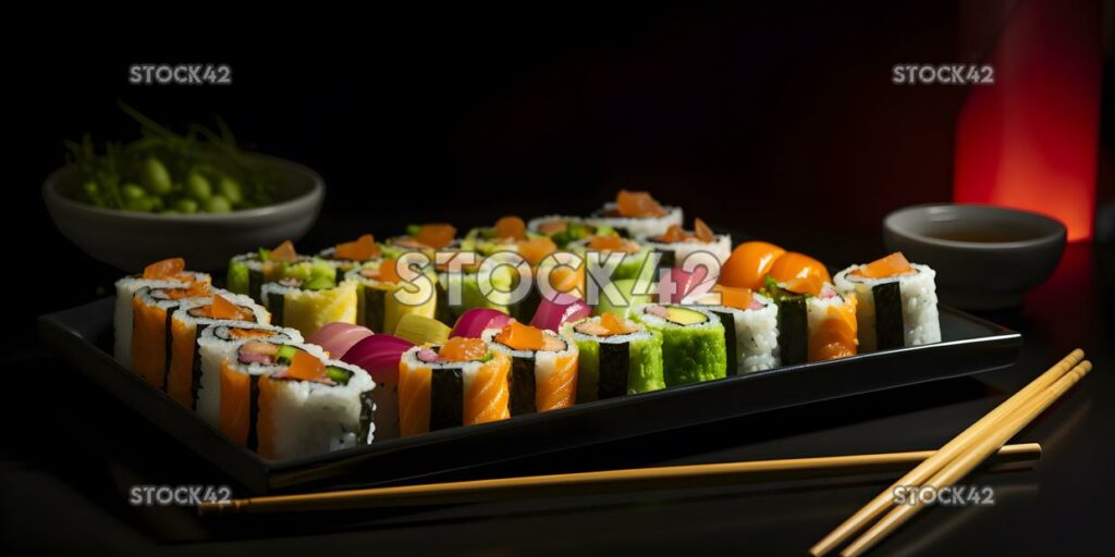 Ein Tablett mit bunten Sushi-Rollen mit Stäbchen und Wasabi drei