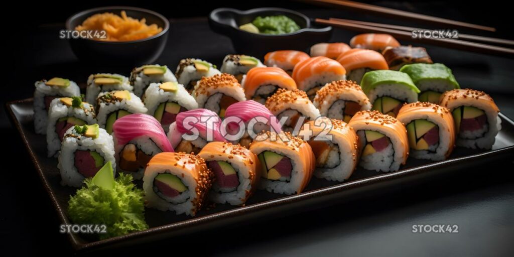 Ein Tablett mit bunten Sushi-Rollen mit Stäbchen und Wasabi zwei