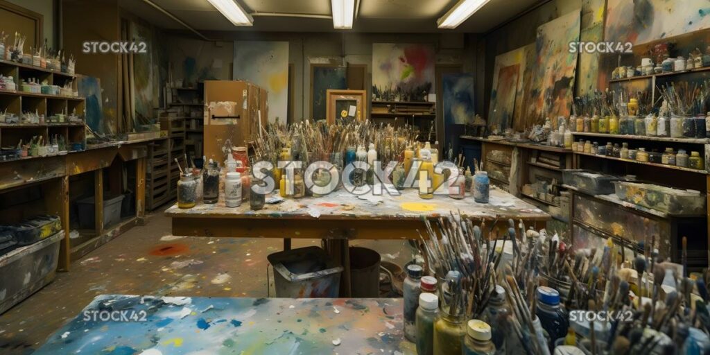 A university art studio filled with paints brushes and ca