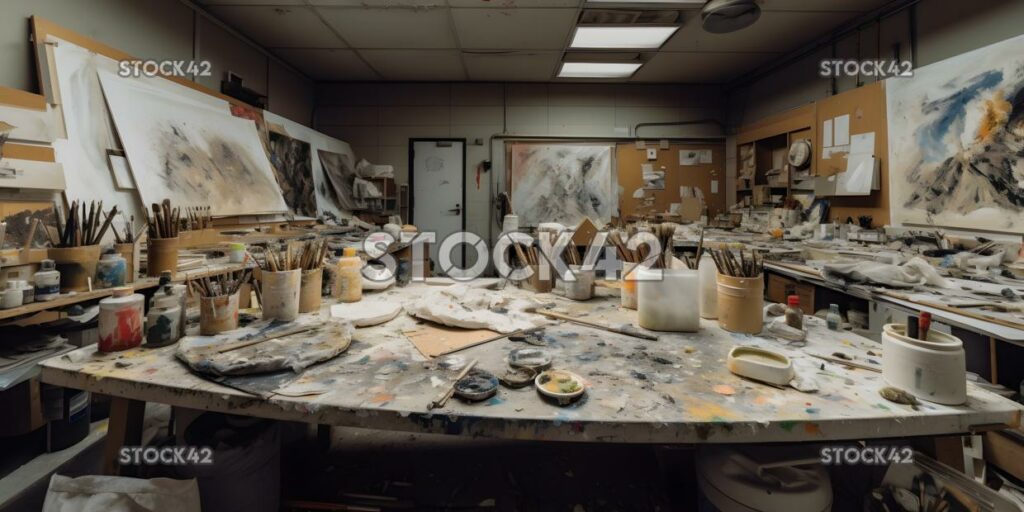 A university art studio filled with paints brushes and ca one