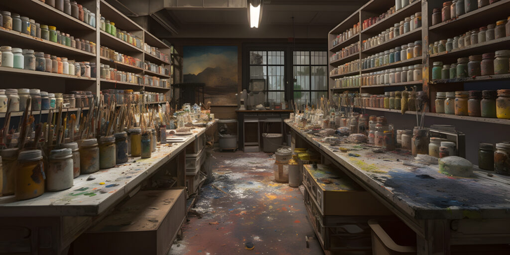 A university art studio filled with paints brushes and ca three