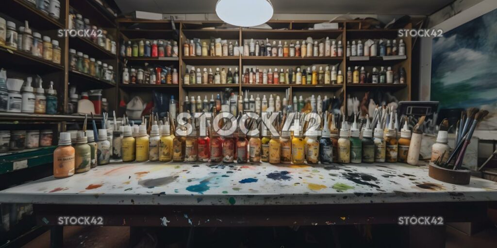 A university art studio filled with paints brushes and ca two