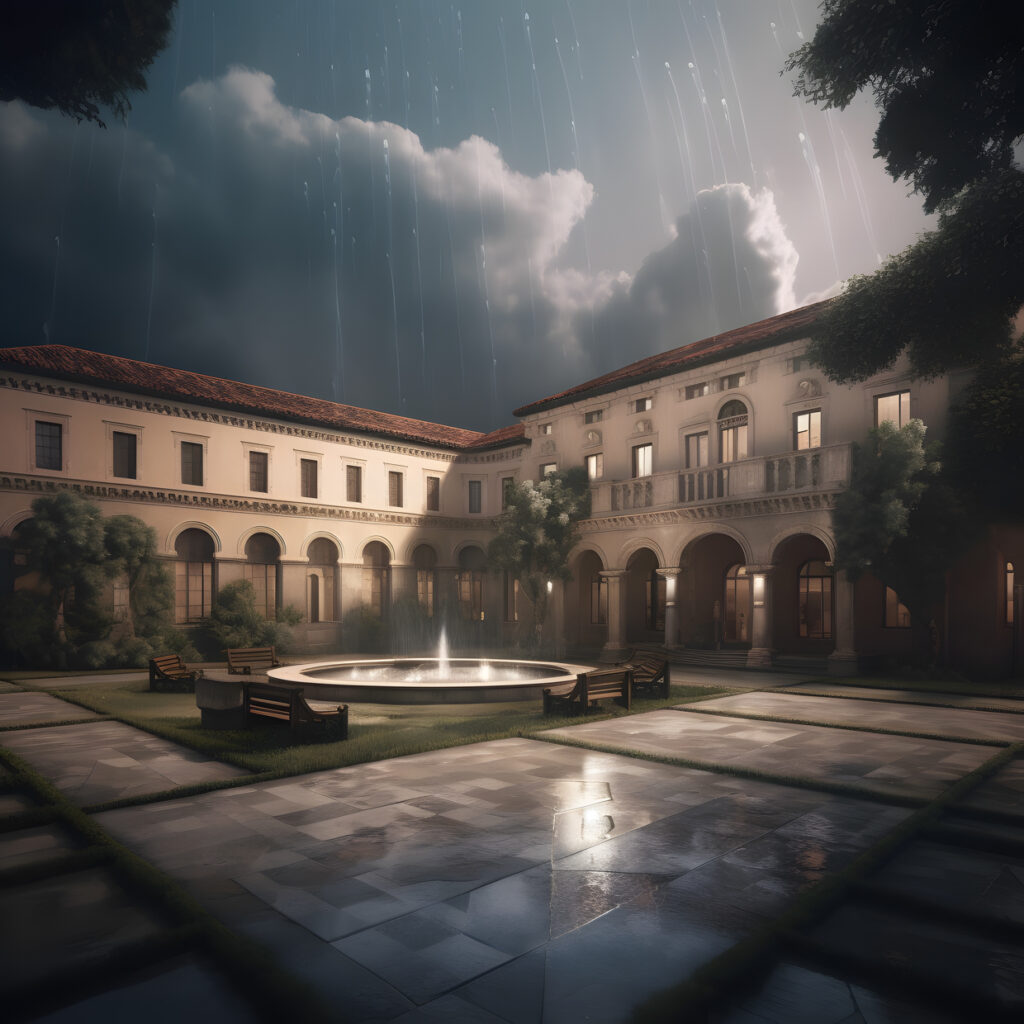 A university building with a courtyard and fountain in th one