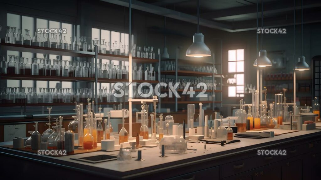 A university chemistry lab with test tubes and beakers on