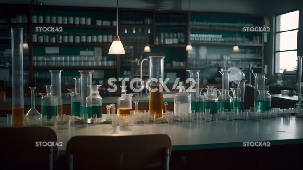 Un laboratorio de química universitario con tubos de ensayo y vasos de precipitados en uno