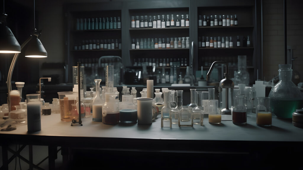 A university chemistry lab with test tubes and beakers on three