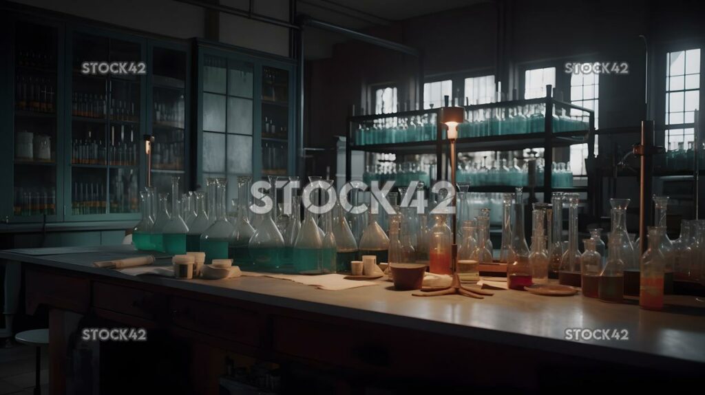 A university chemistry lab with test tubes and beakers on two