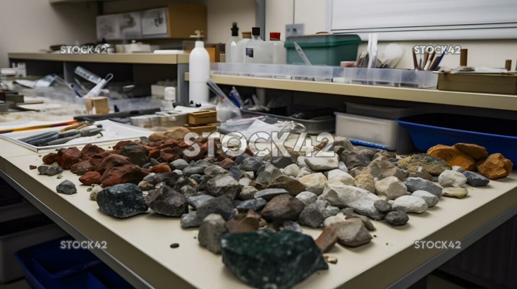 Un laboratorio universitario de geología con muestras de roca y equipo