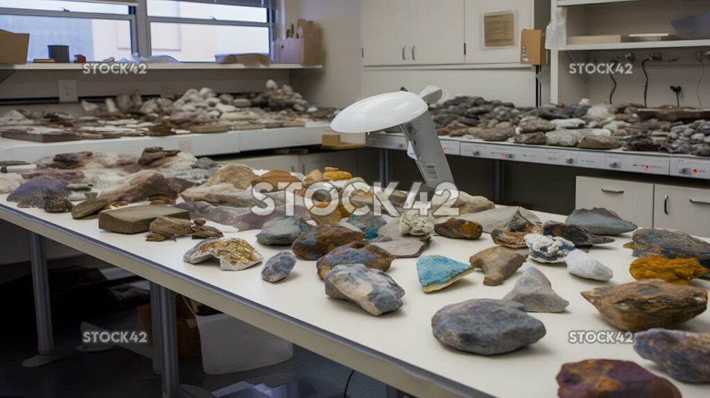 A university geology lab with rock samples and equipment  three