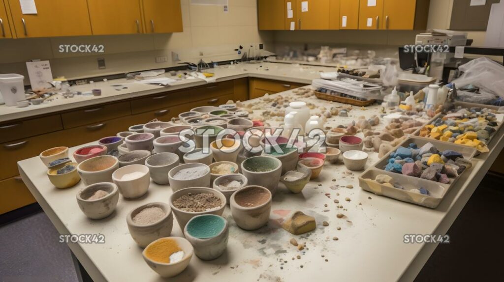 Un laboratorio universitario de geología con muestras de roca y equipo dos