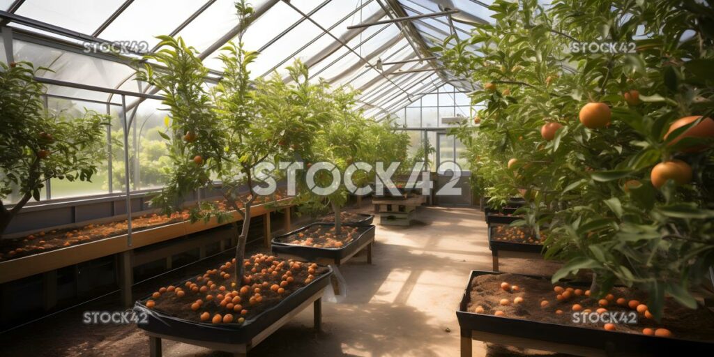 A university greenhouse with a variety of fruit trees and