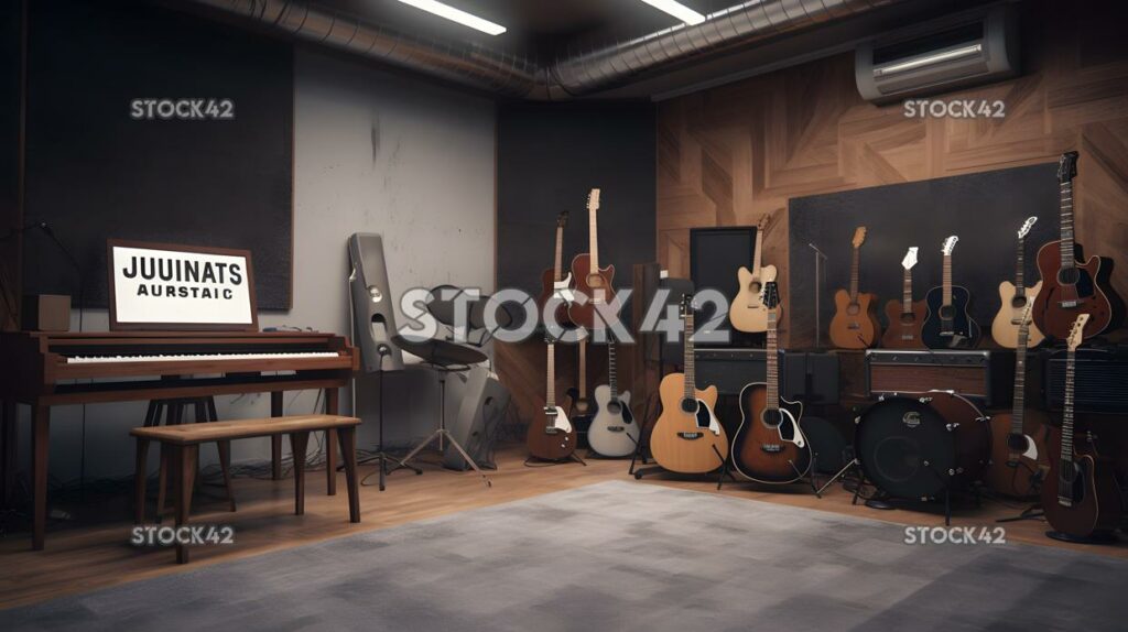 Ein Musikstudio der Universität, gefüllt mit Instrumenten und Rec