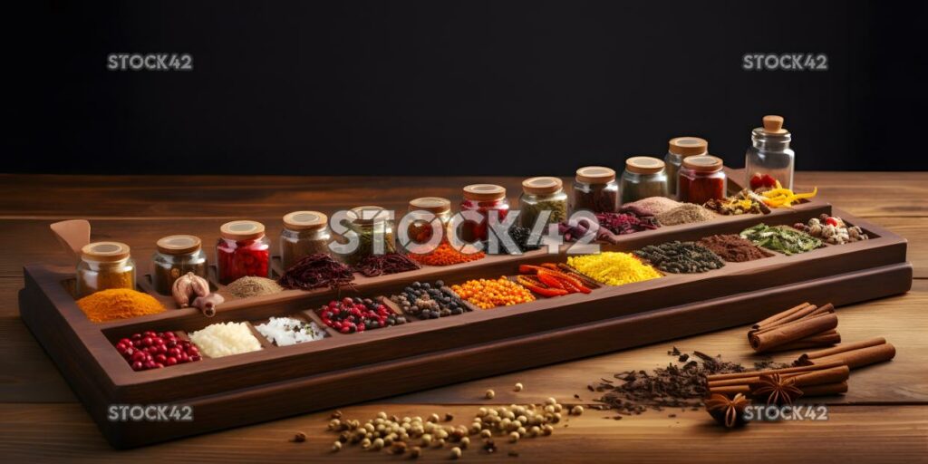 A variety of fresh and colorful spices arranged neatly on