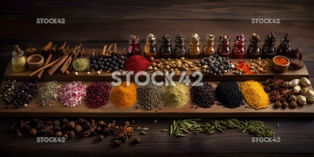 A variety of fresh and colorful spices arranged neatly on one