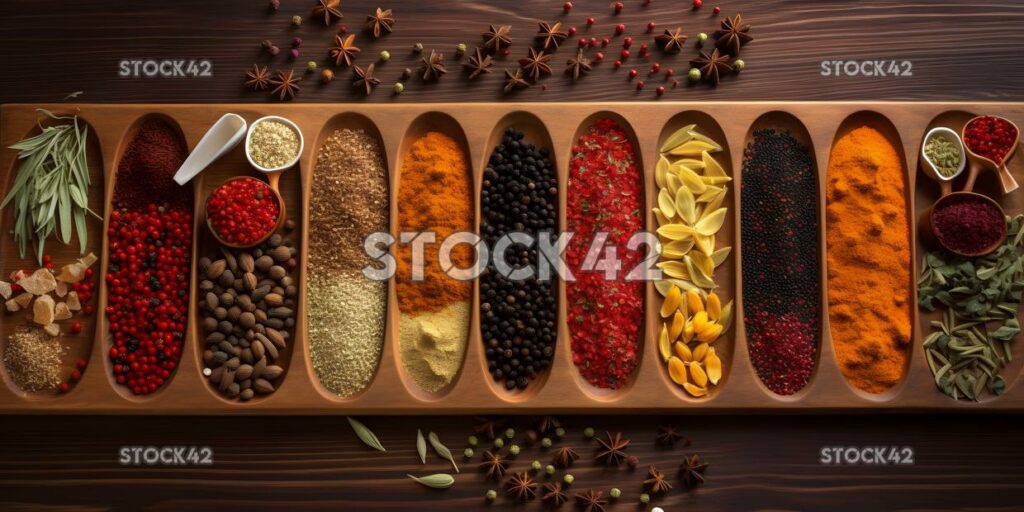 A variety of fresh and colorful spices arranged neatly on three