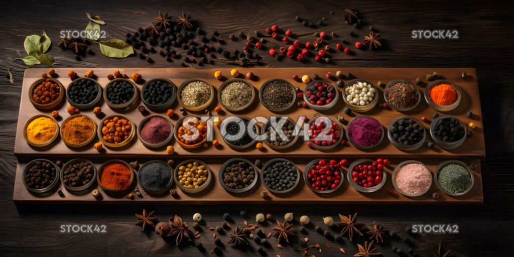 A variety of fresh and colorful spices arranged neatly on two