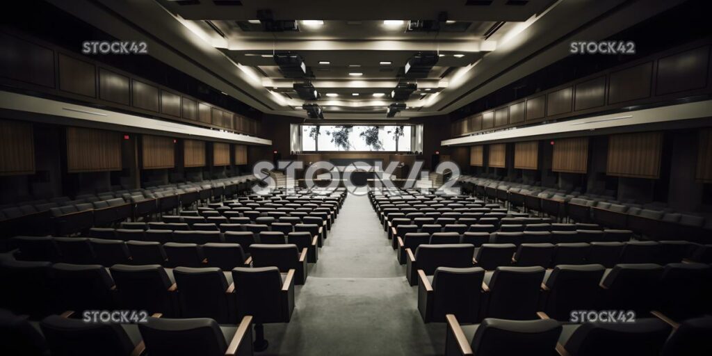 A view of a large lecture hall from the stage high contra