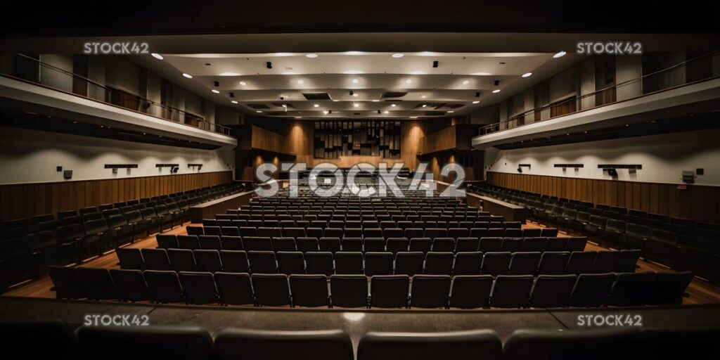 Una vista de una gran sala de conferencias desde el escenario alto contra uno