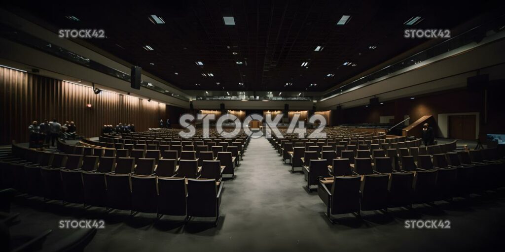 A view of a large lecture hall from the stage high contra two