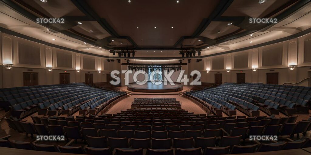 Una vista de un auditorio universitario con un escenario y un teatro