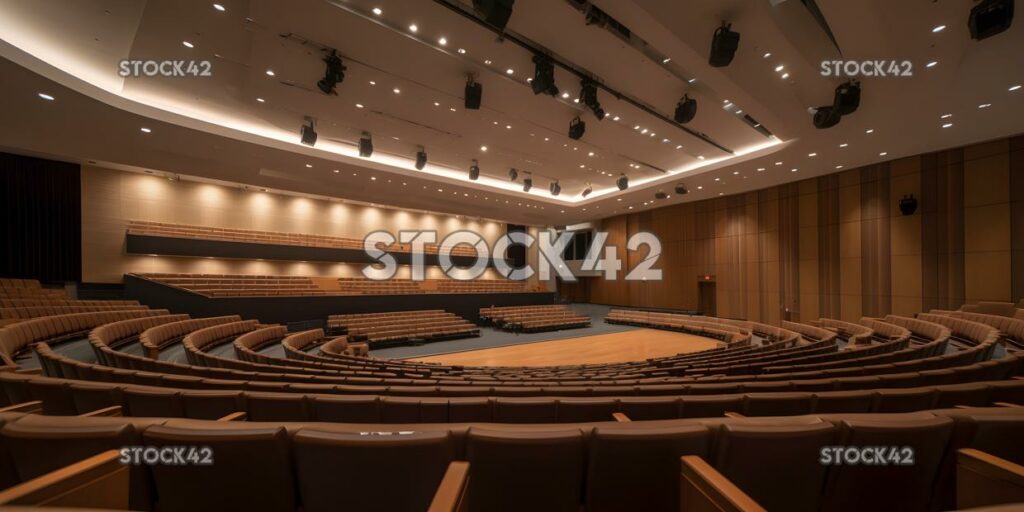 A view of a university auditorium with a stage and theate one