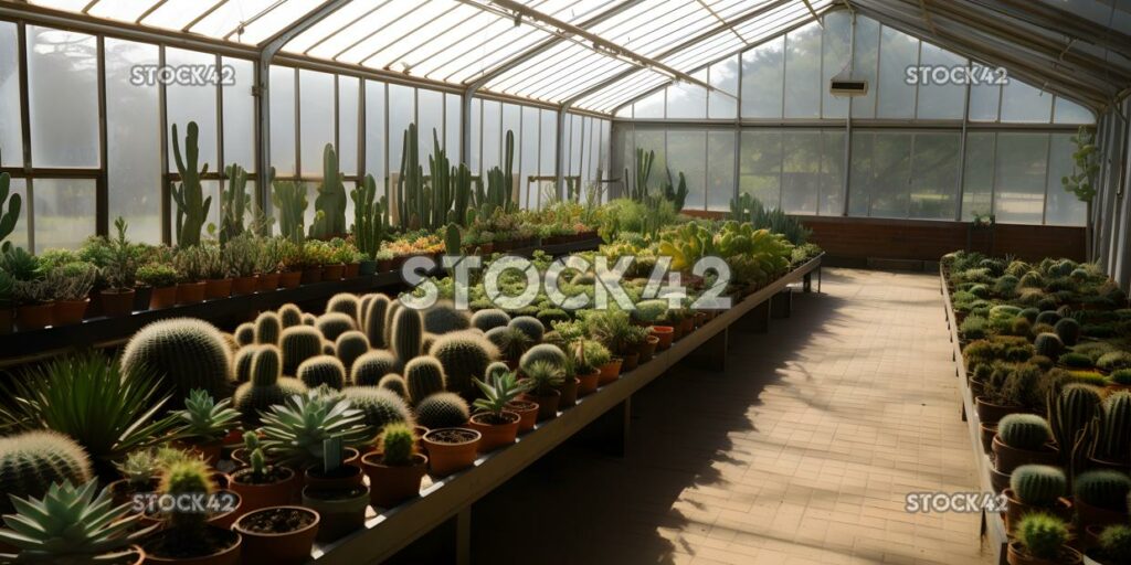 Una vista de un invernadero universitario con una variedad de cactus