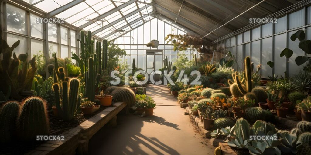 A view of a university greenhouse with a variety of cacti one