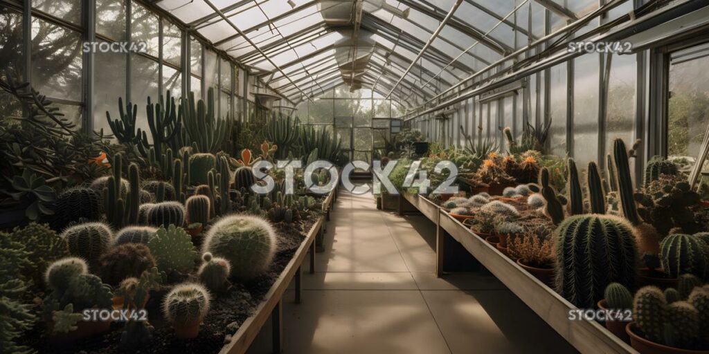 A view of a university greenhouse with a variety of cacti three