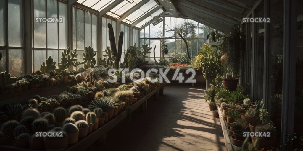 Una vista de un invernadero universitario con una variedad de cactus dos