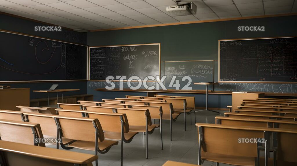 Una vista de una sala de conferencias universitaria con una pizarra y