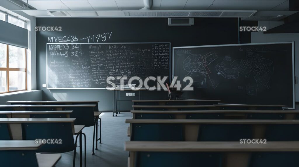 A view of a university lecture hall with a chalkboard and one