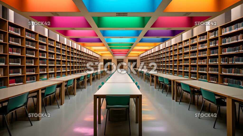 Una vista de una biblioteca universitaria llena de filas de books_