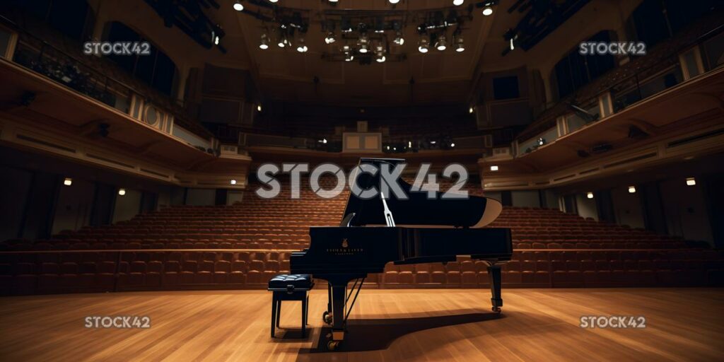 Una vista de una sala de música universitaria con un piano de cola en t