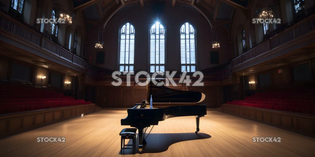 A view of a university music hall with a grand piano on t one