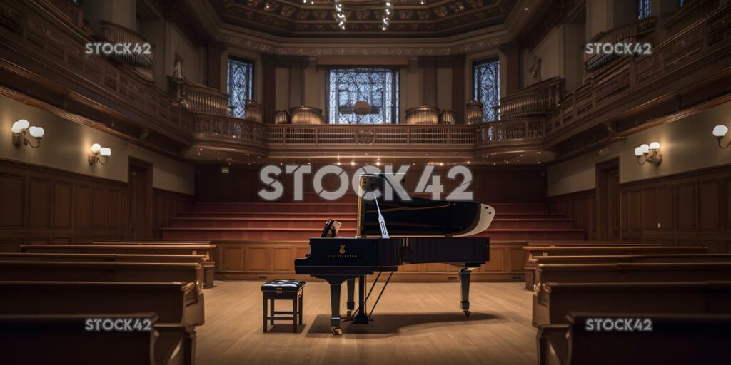 Una vista de una sala de música universitaria con un piano de cola en dos