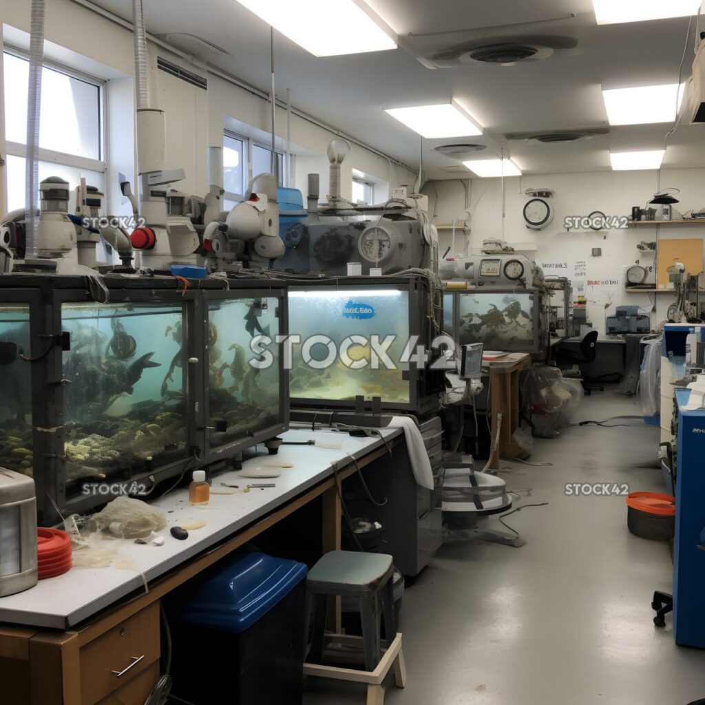 Una vista de un laboratorio de oceanografía universitario con tanques de mar